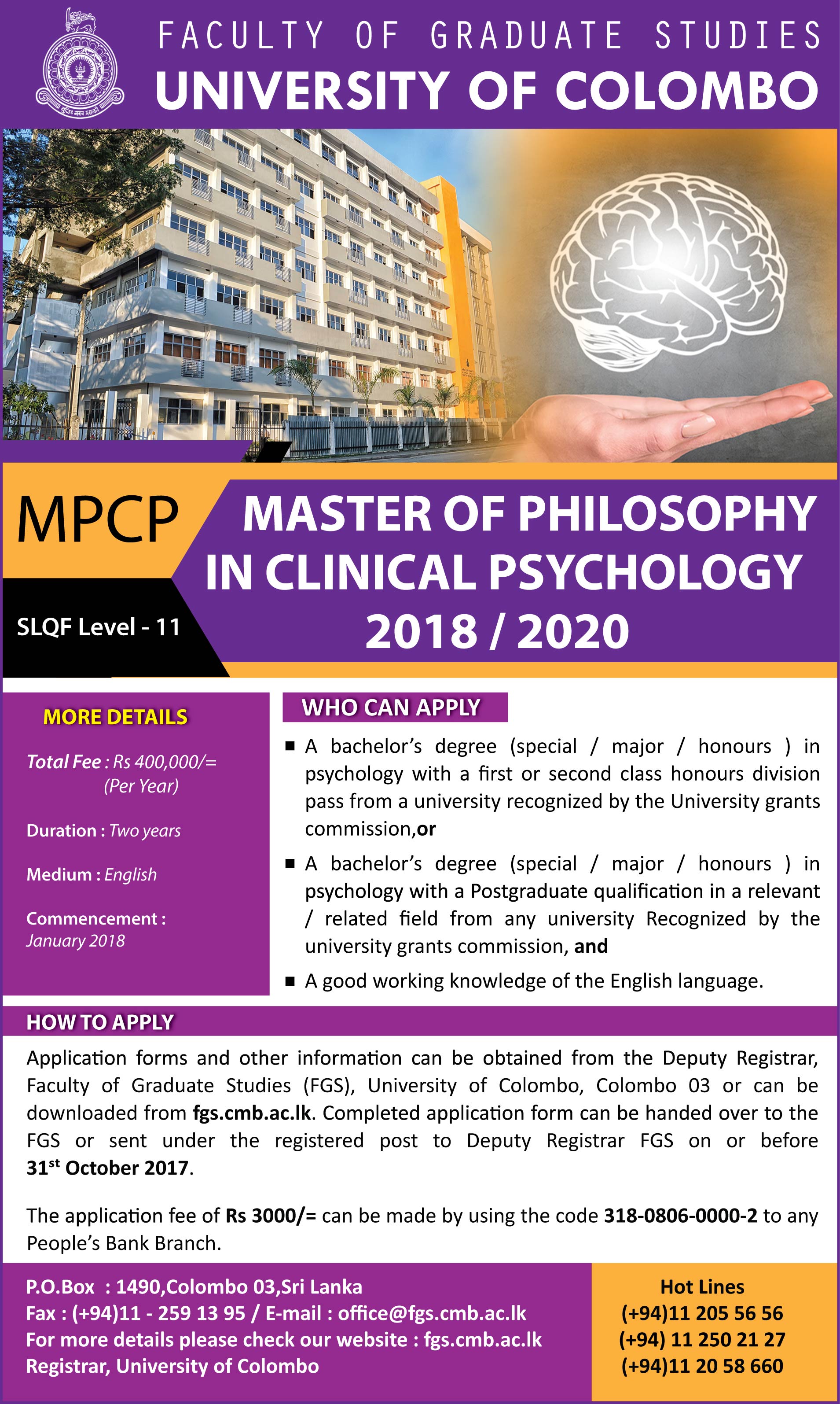 Master of Philosophy in Clinical Psychology (2018/2020) - Faculty of Graduate Studies - University of Colombo